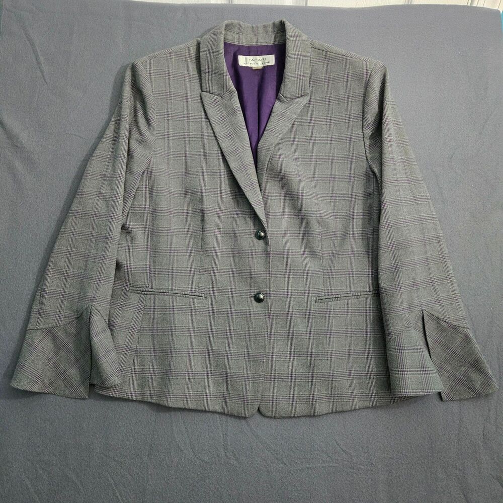 Tahari Women 18 Gray Purple Check Single Breasted Blazer Shoulder Pads